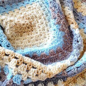 Crochet BABY BLANKET AFGHAN Lap Granny Square 30"x 30" Beige Blue Gray Brown New